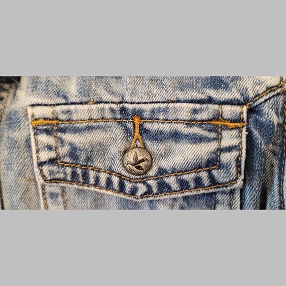 Boho Funky distressed cropped denim jacket size large cut small - Picture 4 of 5